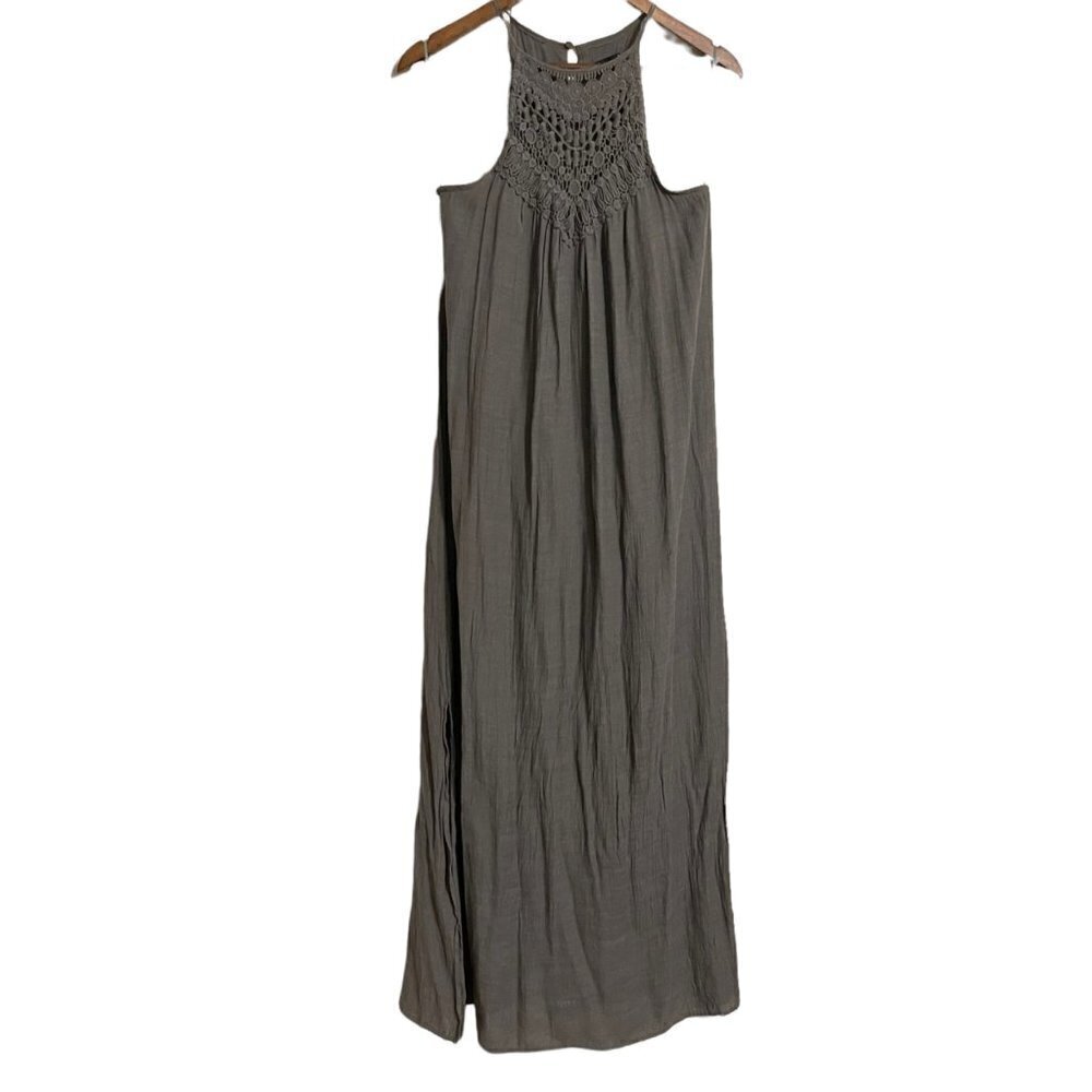 Wishlist Apparel Womens Green Crochet Sleeveless Crepe Slit Maxi Dress Small